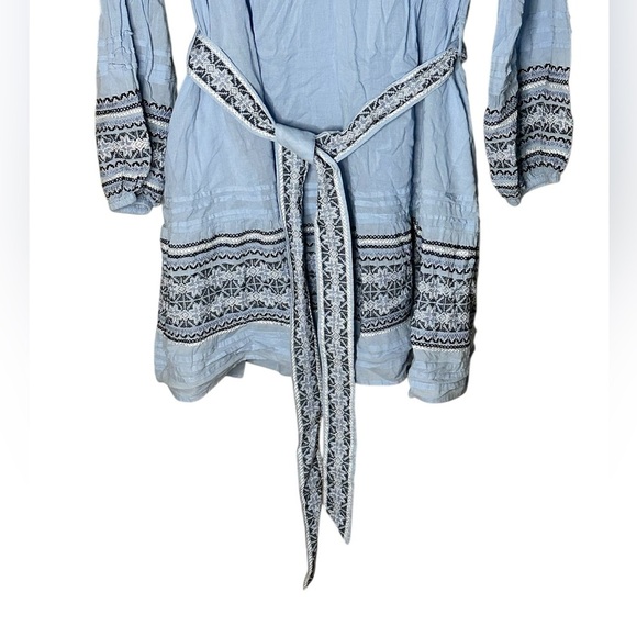 Roller Rabbit Nydia Blue Crosshatch Embroidered Puff Sleeve Boho Mini Dress M - Picture 4 of 6